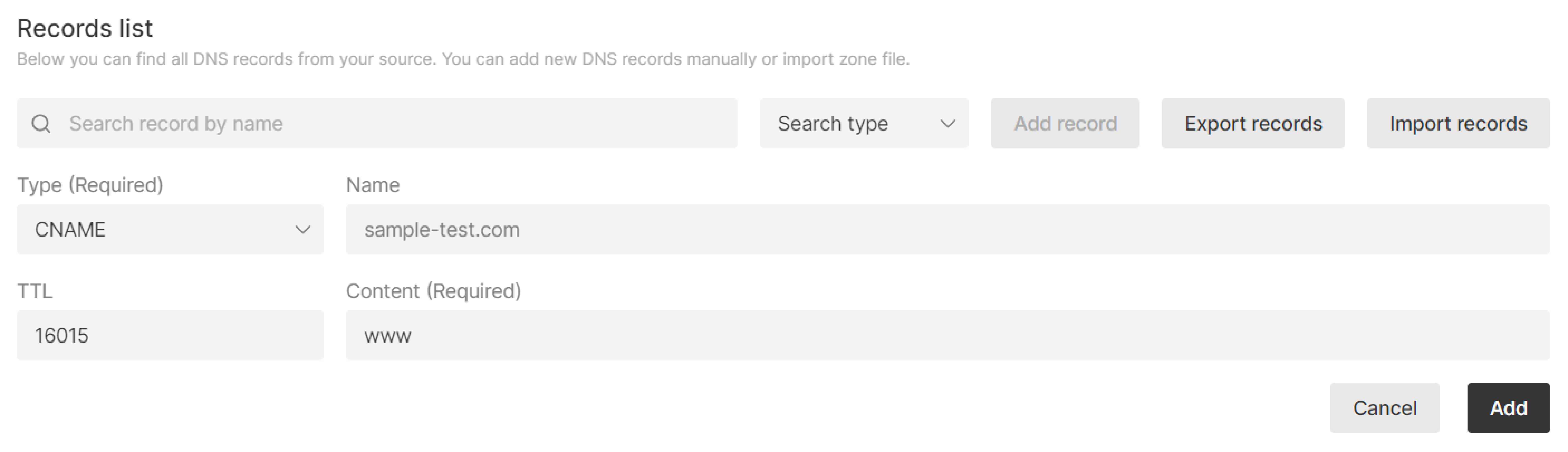 Example of adding an CNAME record